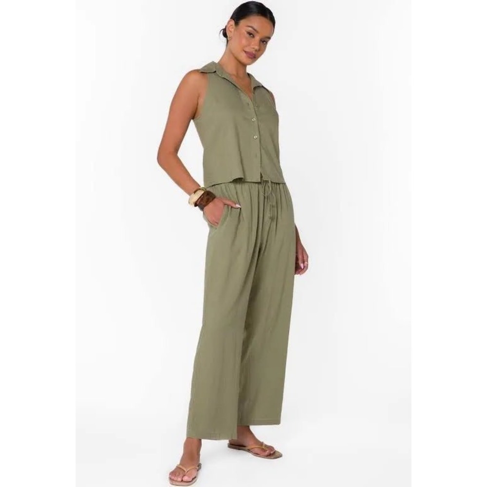 Velvet Heart Linen Blend Wide Leg Drawstring Pants Sage Green Olive Large NEW
